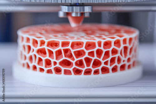 3D printing technology creates intricate designs with red and white filament, showcasing honeycomb structure. process highlights innovation and precision in manufacturing