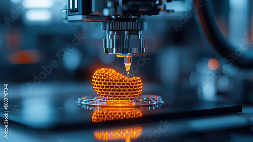 3D printer creating detailed orange honeycomb structure in lab. advanced technology showcases precision and innovation in manufacturing
