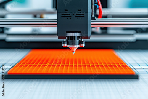 close up view of 3D printer nozzle above orange printing surface, showcasing advanced technology in action. intricate details highlight precision and innovation in manufacturing
