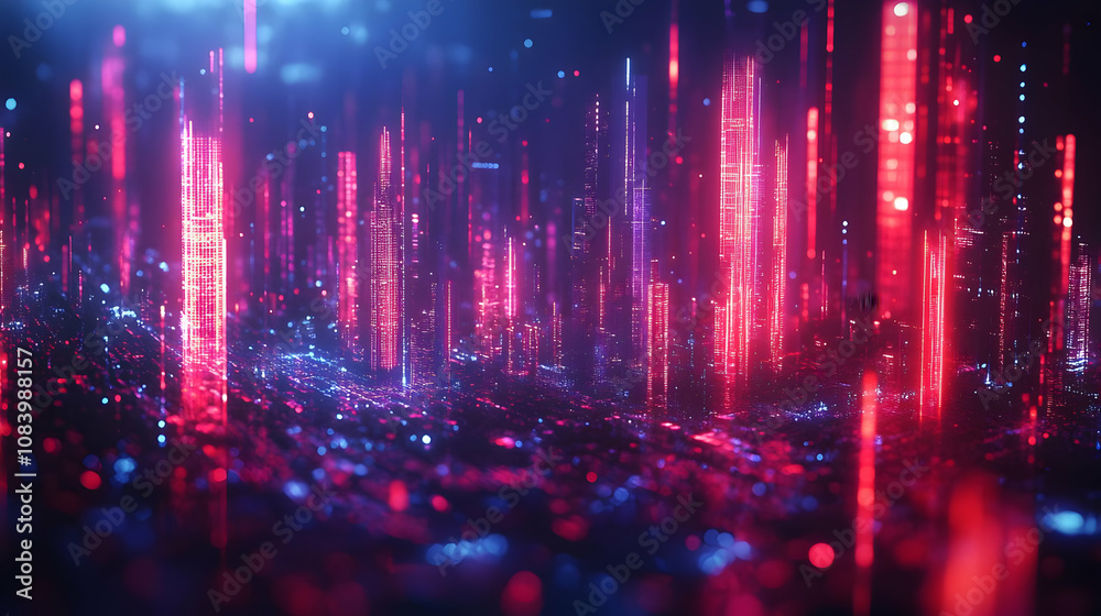 Fototapeta premium 3D Abstract Cityscape - Neon Lights and Bokeh