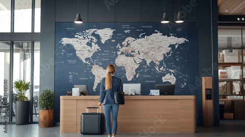 Car rental desk with world map mural behind, showing travel destinations