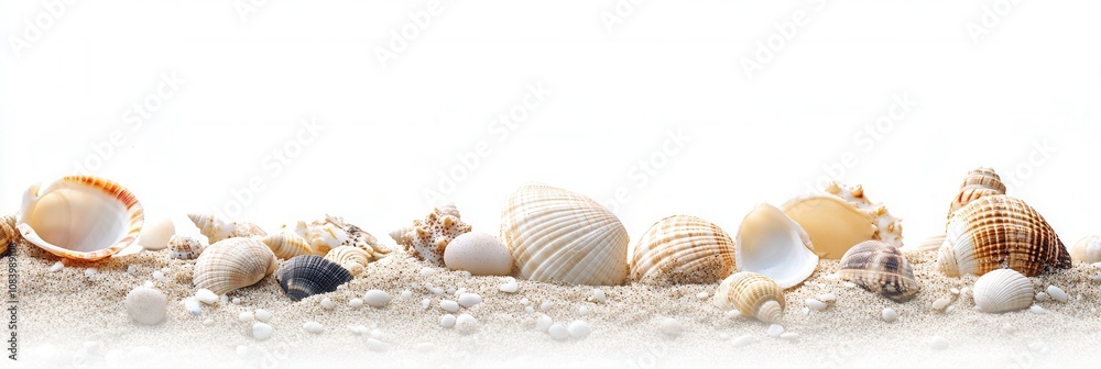 Obraz premium Seashells on Sand Panoramic Beach Scene with White Background, Summer Vacation, Coastal Relaxation, Ocean Decor, Nature Texture