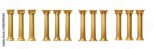 Golden Pillars A collection of 12 ornate golden columns, each with intricate details and unique designs, standing tall and proud, symbolizing strength, stability, and enduring legacy. 