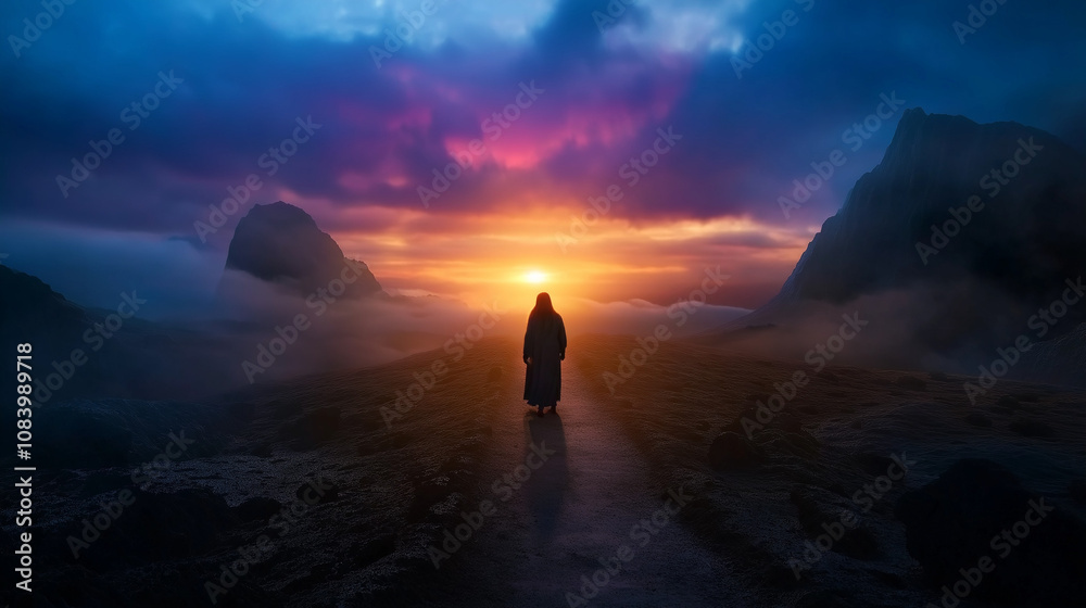 Fototapeta premium silhouette shadow of a man walking alone on long way country road with sunset sky