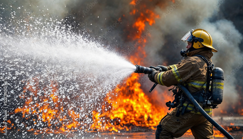 Naklejka premium A firefighter combats a fierce blaze, water cutting through smoke and flames dynamically.