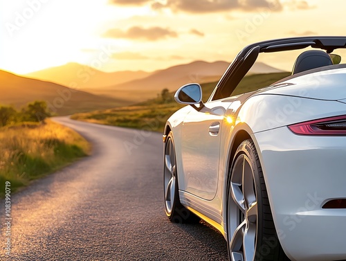 Convertible rental car on a winding road with scenic views photo