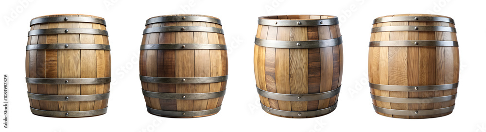 Fototapeta premium Four Wooden Barrels Rustic charm meets practical storage in this photo of four traditional wooden barrels, each showcasing a unique patina and the craftsmanship of their construction.