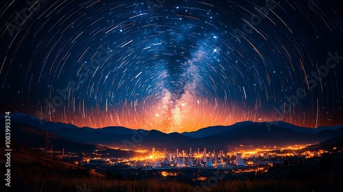 A time-lapse image of stars above a nuclear power station at night