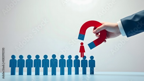 Magnet attracting individuals concept symbolizing recruitment marketing and leadership
