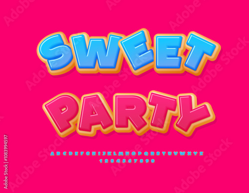 Vector delicious emblem Sweet Party. Cake style Font.Tasty Donut Set of Alphabet Letters and Numbers.