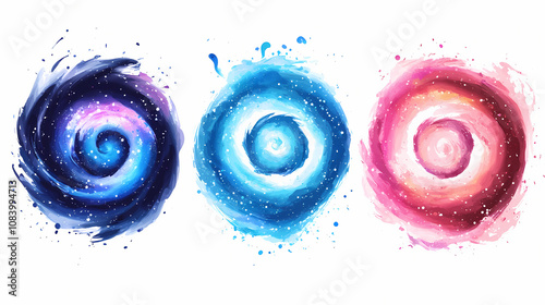 Colourful watercolour style spiral galaxy collection, illustration bundle of three galactic star vortex isolated on a transparent background. Galactic. Illustration photo