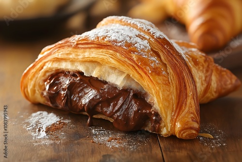 A chocolate croissant oozing warm, gooey chocolate filling, with crispy golden layers and powdered sugar dusting. Food Photography, Menu Style Photo Image photo