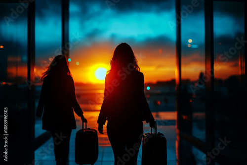 Silhouettes of Travelers at Airport During Vibrant Sunset photo