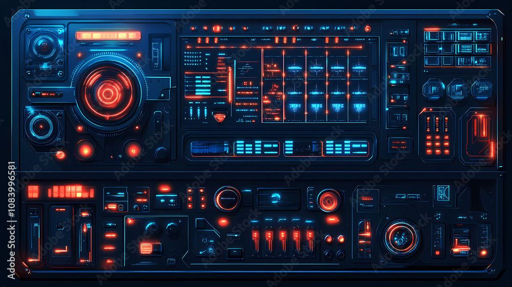 Obraz premium Futuristic sci fi cockpit control panel with glowing digital interface and buttons. Galactic. Illustration