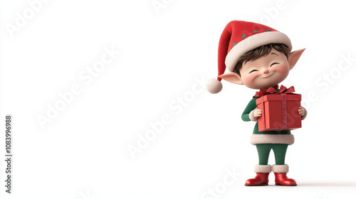cheerful elf character wearing red hat and green outfit holds gift box, spreading holiday joy. Perfect for festive themes