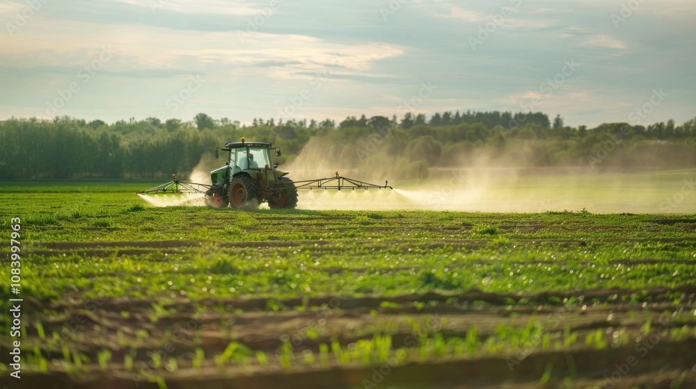 Fototapeta premium Tractor spraying pesticides, copy space, free space for text, green farm field with young sprouts background, rural landscape