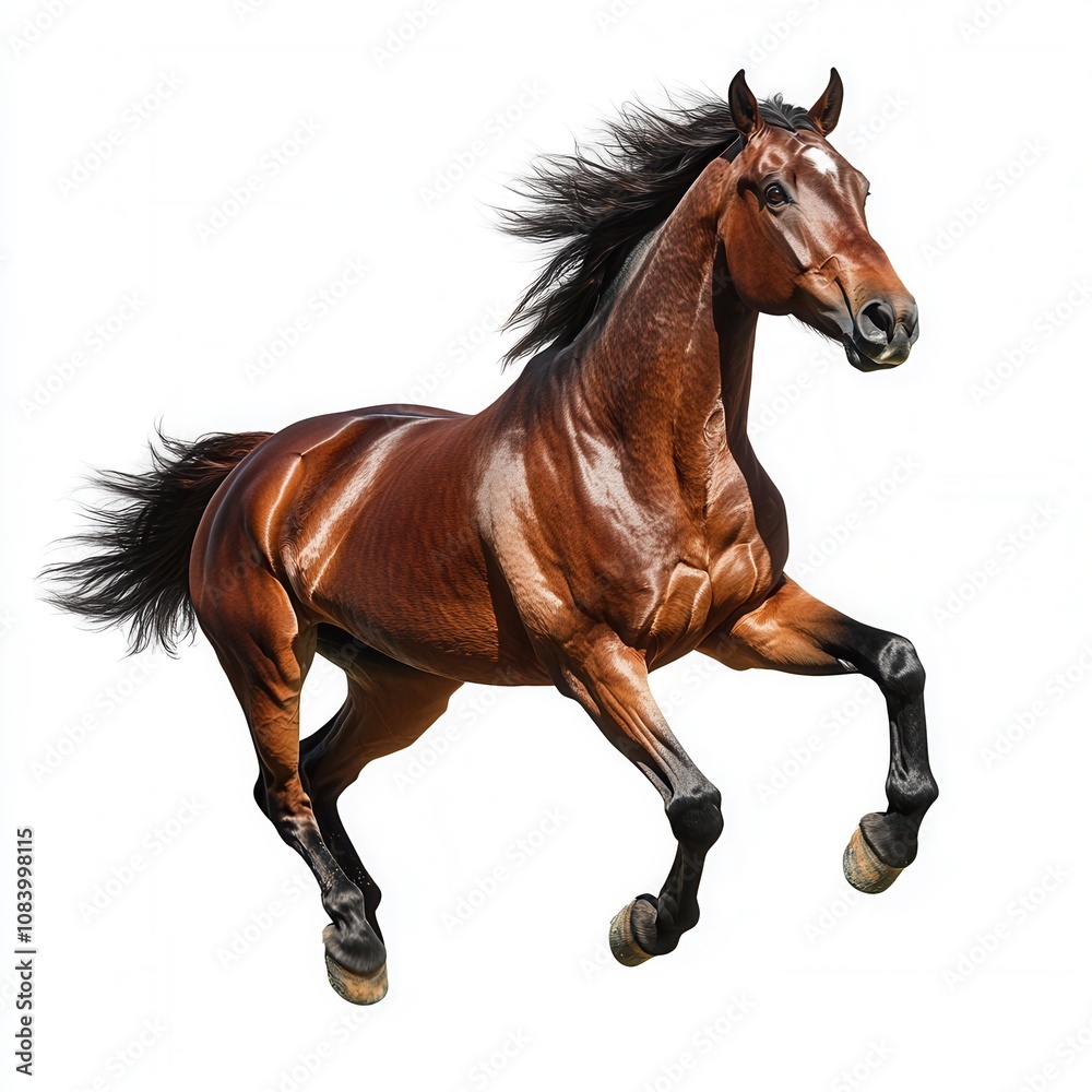 Obraz premium Majestic Bay Brown Horse in mid-air leap, isolated on white background. High-resolution equine photography.