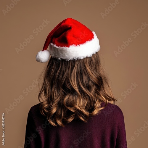 woman wearing a red and white christmas hat with curly hair photo