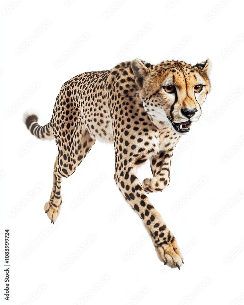 Fototapeta premium Majestic Cheetah in Motion High-Resolution Photo of a Running Cheetah on White Background.