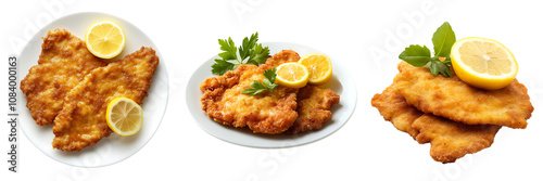 Set of an Austrian schnitzel with lemon, isolated on a transparent background.