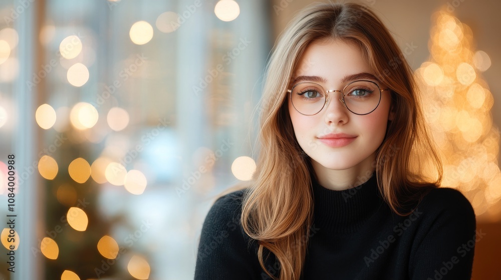 Obraz premium Happy female worker, wearing glasses, beauty with bokeh background
