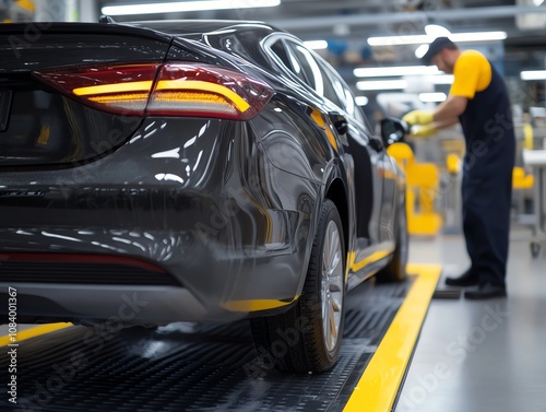 Rental car being cleaned and prepped in a maintenance bay