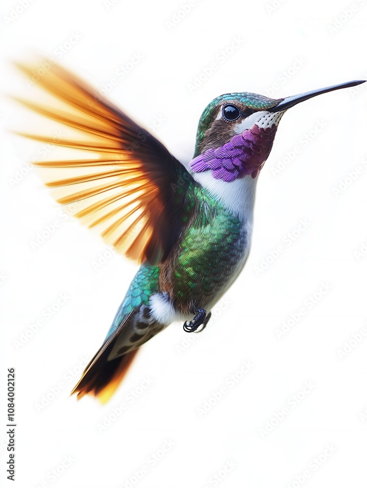 Fototapeta premium Vibrant Green and Purple Hummingbird in Flight, Isolated on White Background - High-Resolution Stock Photo