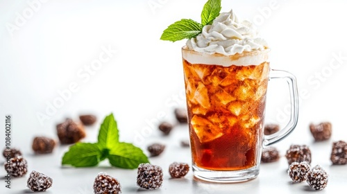 Refreshing Thai Iced Tea with Cream on White Background photo