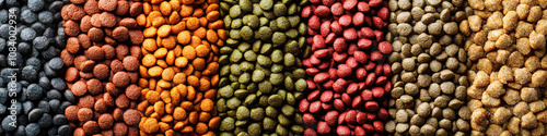 A pet food section with various kibbles and treats  photo