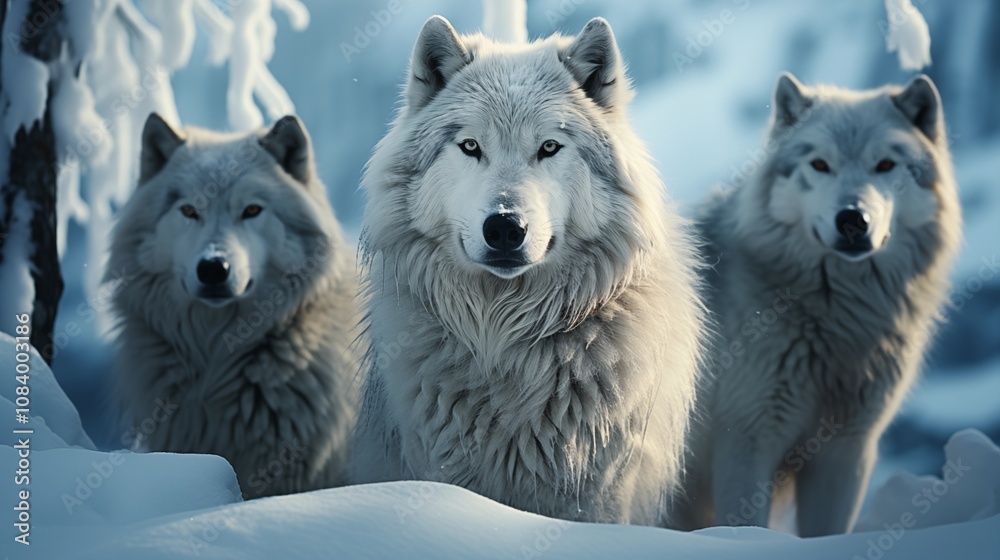 Obraz premium Alert wolves standing on snowy white winter landscape.