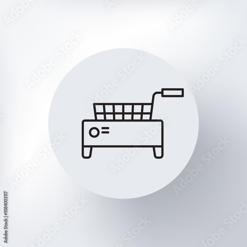 Minimalist deep fryer icon with a square body and basket, in a circle on a light gray background.