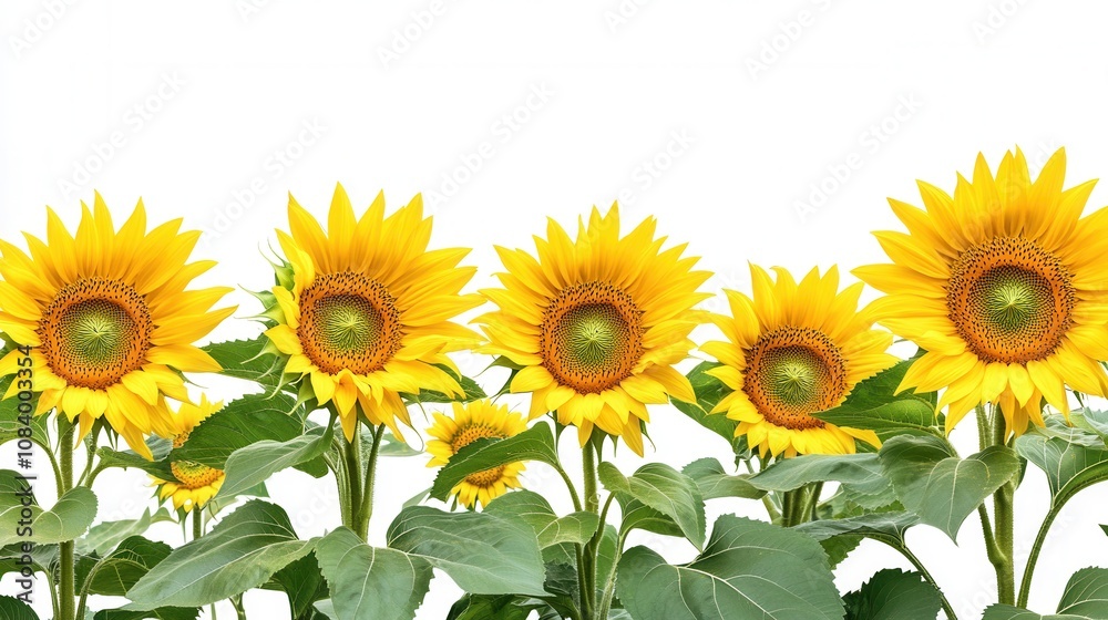 Naklejka premium Vibrant Row of Sunflowers Isolated on White Background Perfect for Summer Designs and Branding