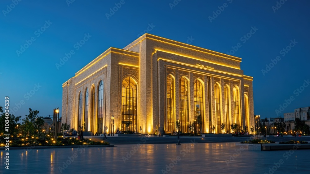 Obraz premium Here's a description and keywords for your image.. Illuminated modern building at dusk. Grand architecture, reflecting pools, and soft lighting.