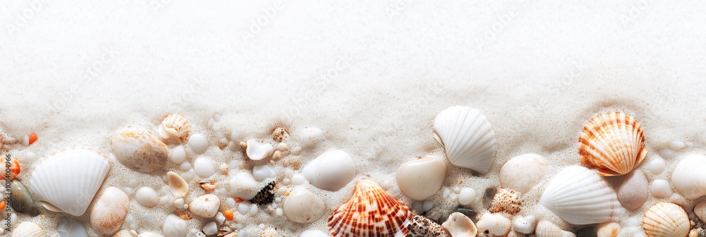 Fototapeta premium Seashells on White Sand with Sea Foam Summer Beach Background Image