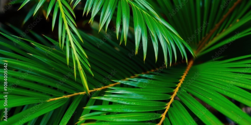 Fototapeta premium Close up of a tropical green palm leaf showcasing its intricate texture, tropical foliage, leaf