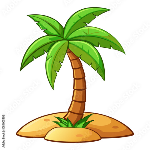 A cartoon-style palm tree with lush green fronds and a sandy beach

