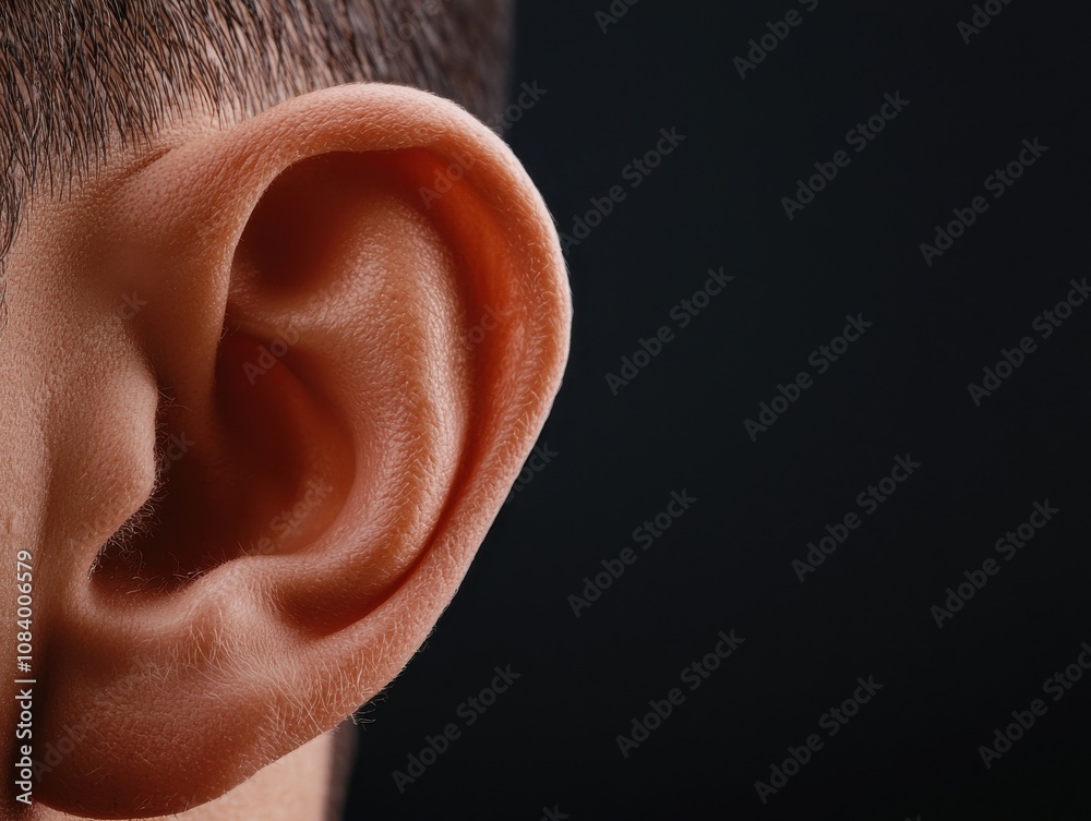 Fototapeta premium A close-up image of a human ear, showcasing its intricate details and contours against a dark background.