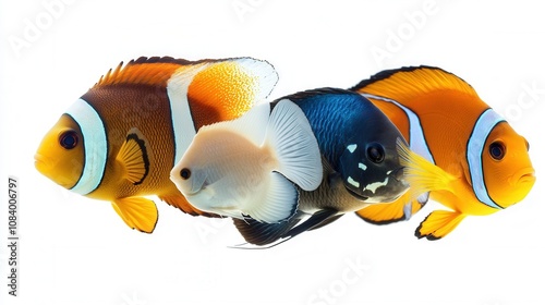 Vibrant Trio of Tropical Fish Ocellaris Clownfish, White Pygmy Angelfish, and a Blue Angelfish Isolated on White Background photo