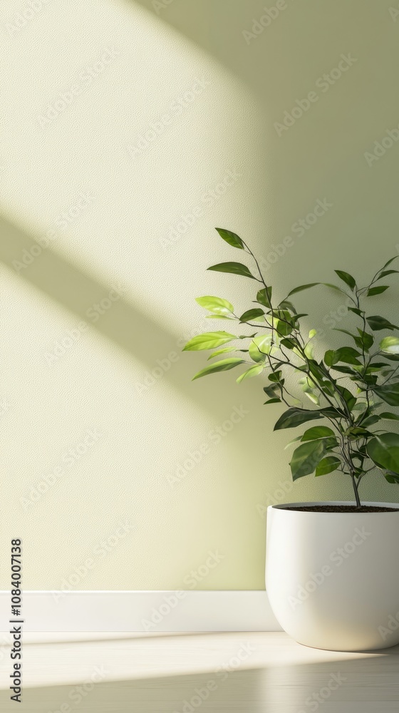 Fototapeta premium Elegant green plant in white pot with soft shadow on floor