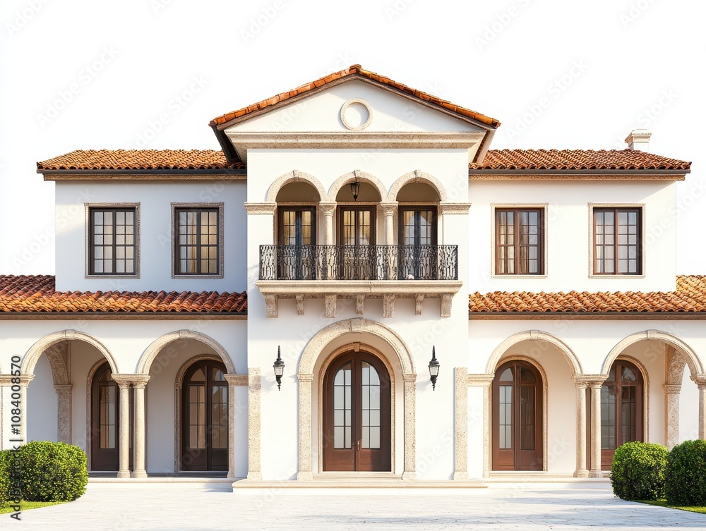 Fototapeta premium Luxurious Mediterranean-Style Mansion Exterior with Terracotta Roof, Arched Windows, and Columns - Architectural Design Stock Photo