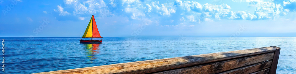 Naklejka premium A serene sailboat, gently gliding on a calm sea, with a wooden bench and colorful sail in focus.