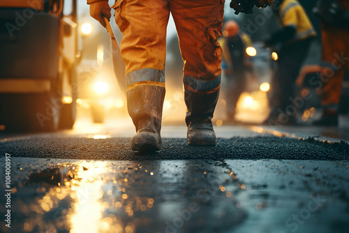 a construction worker in bright orange work overalls spreading asphalt on a road, using a hand-held asphalt spreader photo