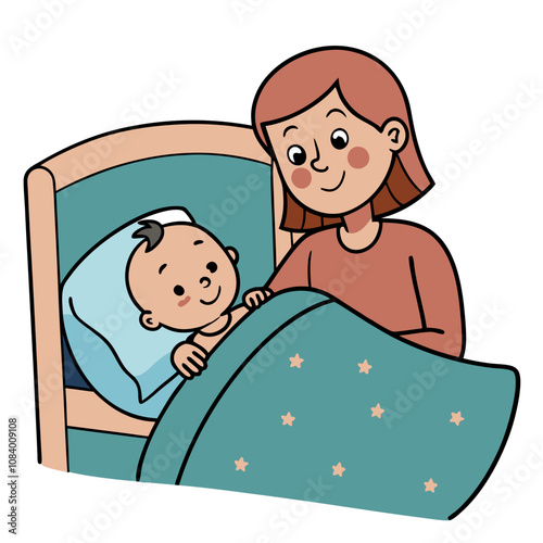 Mother tucking her smiling baby into bed with a caring expression