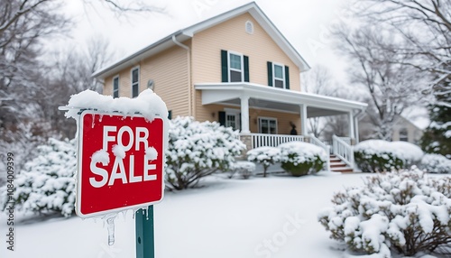 Welcoming House Under a Blanket of Snow with Bright Red For Sale Sign Out Front, Surrounded by Frost-Covered Trees and Bushes in a Picturesque Winter Setting