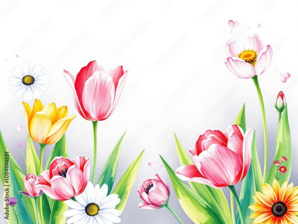 Fototapeta premium Colorful watercolor illustration of various flowers, including roses, tulips, and daisies, vibrant, watercolor