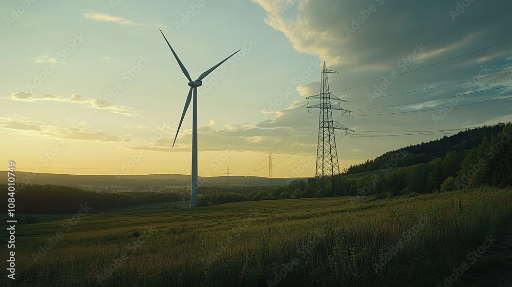 Obraz premium Scenic View of Wind Turbine Against a Beautiful Sunset in a Rural Landscape with Power Lines and Green Fields