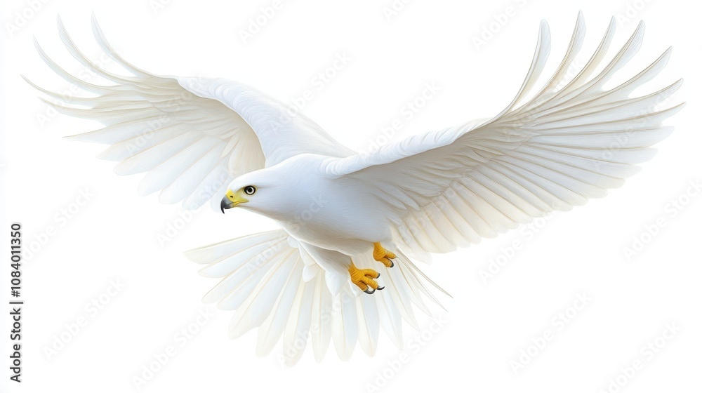 Obraz premium Majestic white bird with yellow beak in effortless flight across the sky 