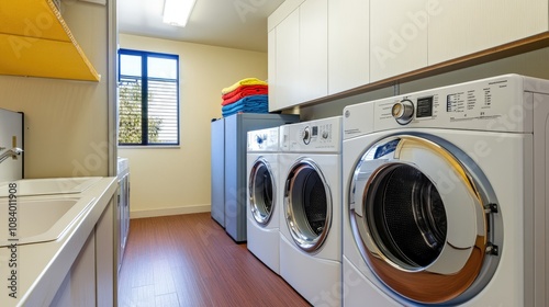 Wallpaper Mural Bright and Airy Laundry Room with Modern Appliances, Sunlight Streaming Through Window, Neatly Organized Space with Crisp Towels and Functional Design Elements Torontodigital.ca