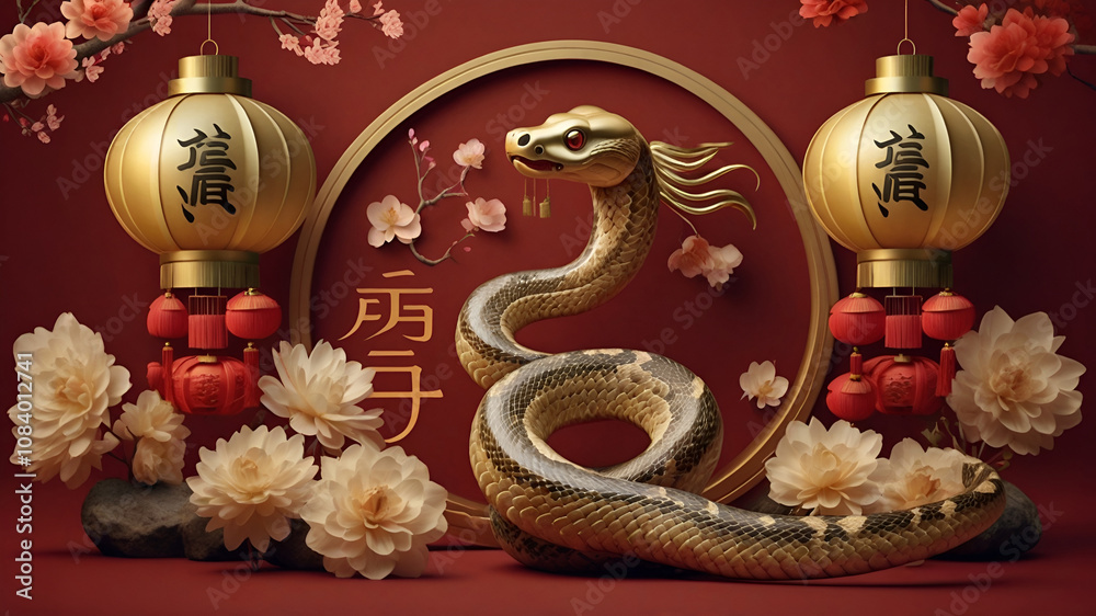 Fototapeta premium Happy Chinese New Year 2025. Snake zodiac with lanterns, cloud on red background for card design. China lunar calendar animal. Translation happy new year 2025, year of the snake. 