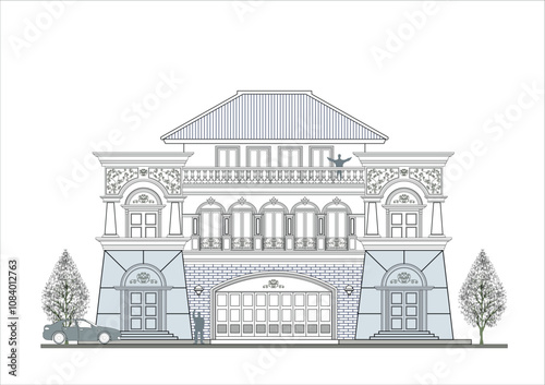 Facade of 3 storeys symmetrical modern classic house with 5 doors, 8 windows, balustrade, frame, 10 columns, decoration, canopy, crowns, balcony, roof and trapezoidal wall elements.
